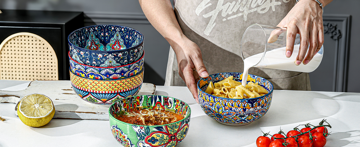 HENXFEN Набір з 6 порцелянових мисок для мюслі, супу, салату, 850 мл. Богемний квітковий дизайн, 6 кольорів