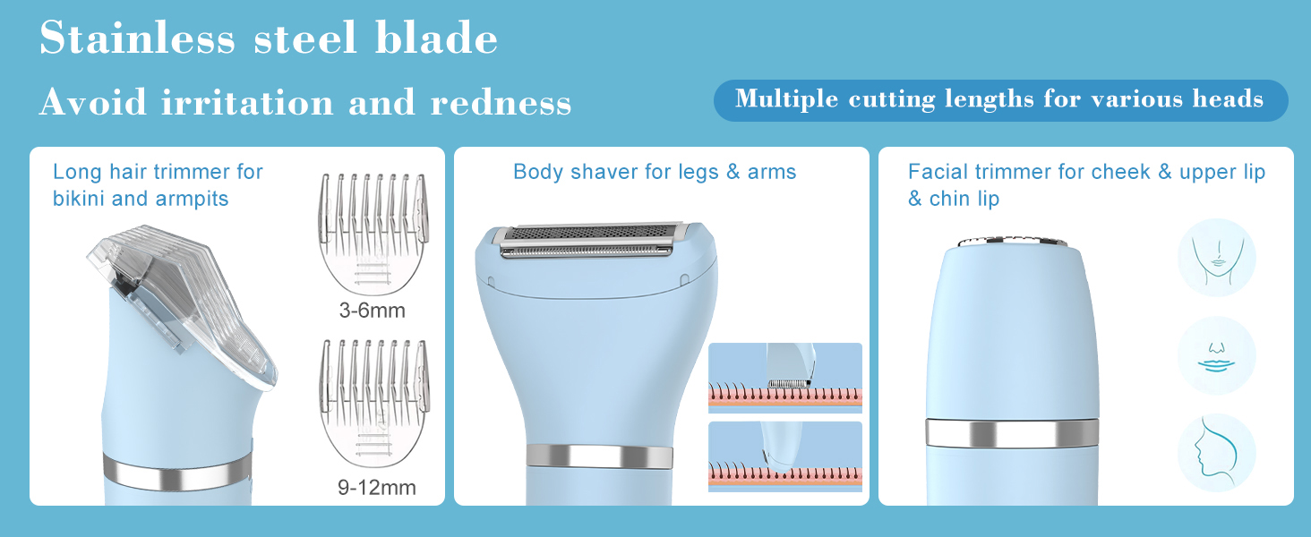 Електричний жіночий триммер 3-в-1 для обличчя, тіла та зони бікіні. Вологостійкий, з LCD-дисплеєм (Блакитний)