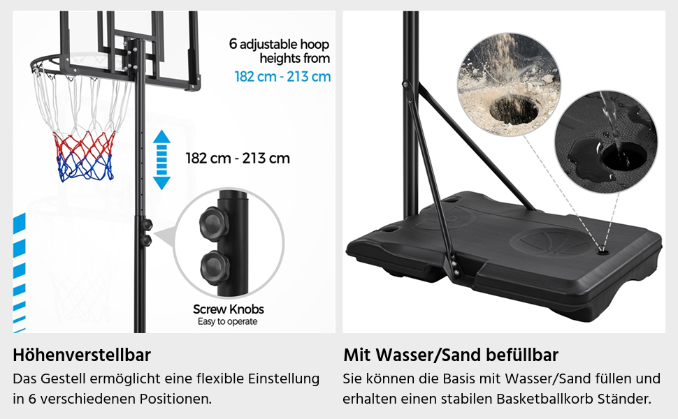 Yaheetech Adjustable Height Basketball Hoop Stand with Wheels - Indoor/Outdoor Basketball System, Water/Sand Fillable Base, 216-246cm