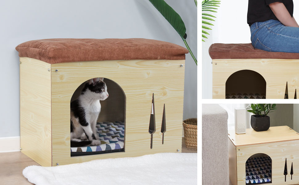 Wooden Dog House with Mattress - Detachable Cat House in Shoe Locker Shape - Indoor Pet House for Cats, Puppies, Dogs & Small Animals - All Seasons Pet Nest - Beige, Large (L)