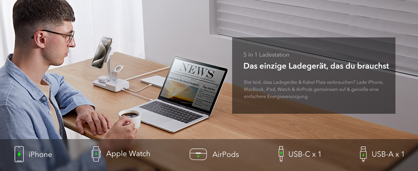 Зарядний пристрій ESR 65W GaN 5-в-1 з підтримкою MagSafe, білий. Сумісний з iPhone 17/16/15/14/13/12, Apple Watch, AirPods та USB A/C пристроями