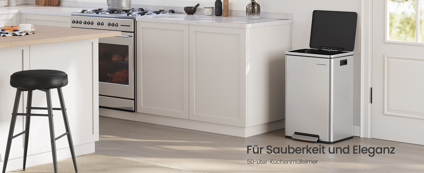 Відро для сміття SONGMICS 50 л, нержавіюча сталь, знімний внутрішній відро, Softclose, срібний колір
