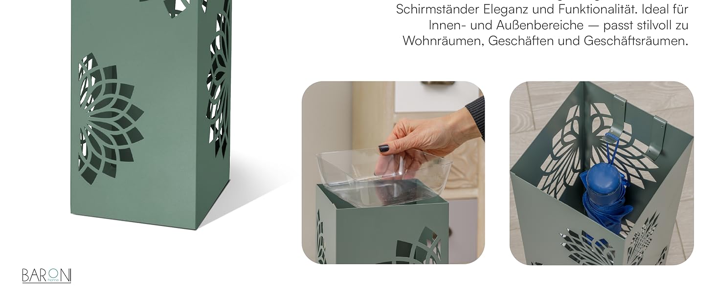 Підставка для парасольки Baroni Home з сучасним дизайном, металева з мандалою, 2 гачки та знімна ємність для збору води, 16 x 16 x 49 см, зелена
