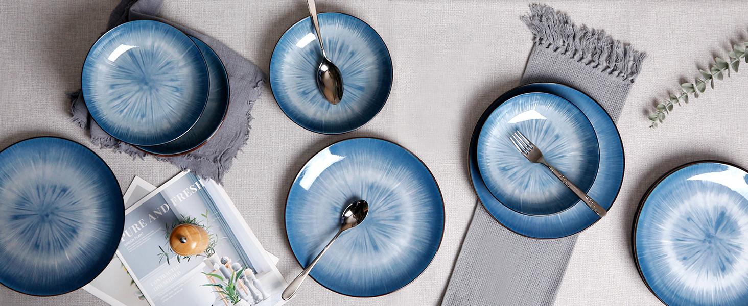 Тарілки для пасти NUTRIUPS 20.5 см, 6 шт. Керамічні тарілки для супу 500 мл, 8 дюймів, мікрохвильова та посудомийна машини, блакитні, набір