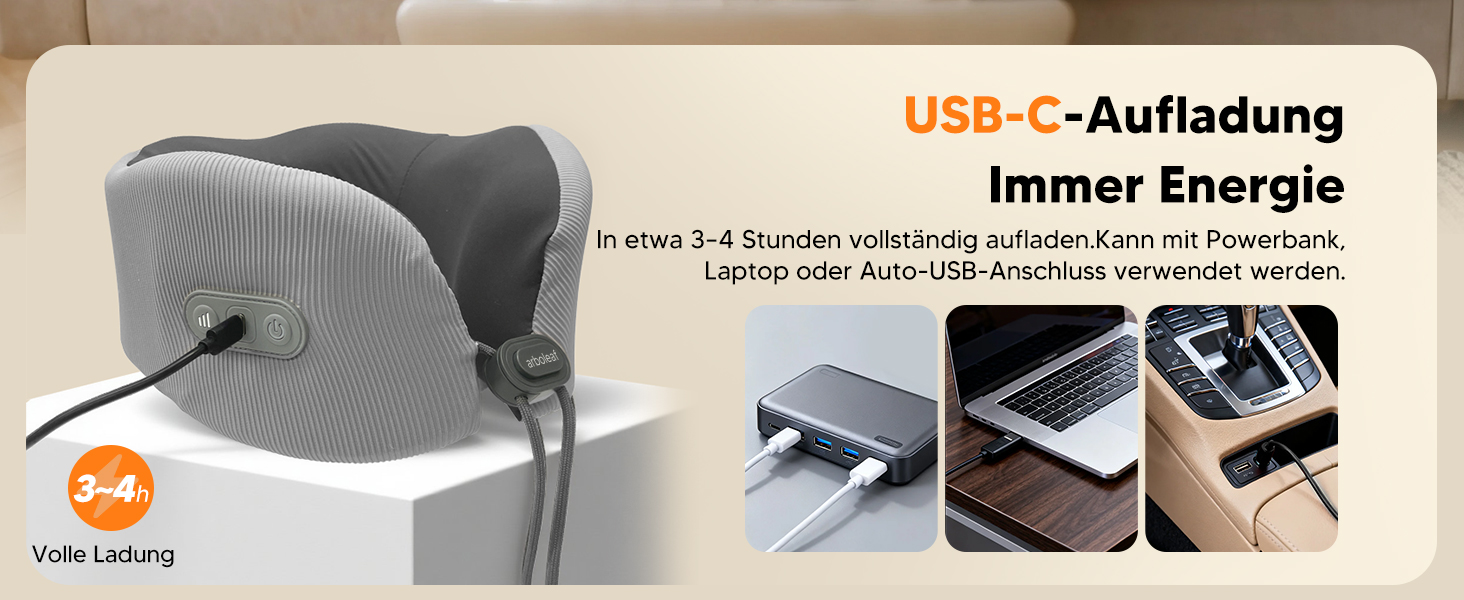 Подушка для шиї Arboleaf з підігрівом для подорожей: Memory Foam, USB-C зарядка, ергономіка 360°, проти болю в шиї, сіра