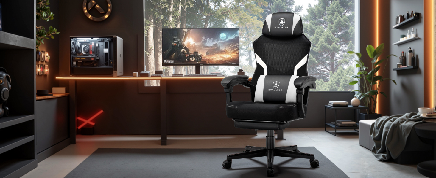 Геймерське крісло GTPLAYER з підставкою для ніг, ергономічне офісне крісло з сітчастою спинкою, тканинне крісло для дому та офісу (Біле, Large)