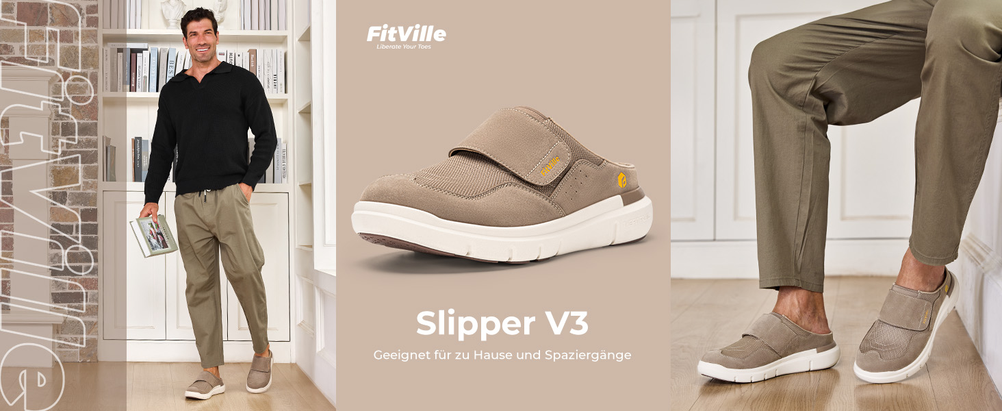 Домашні тапочки для чоловіків FitVille з широкою колодкою, з застібкою на липучці, з підтримкою склепіння стопи, розмір 41-50, бежевий, сірий