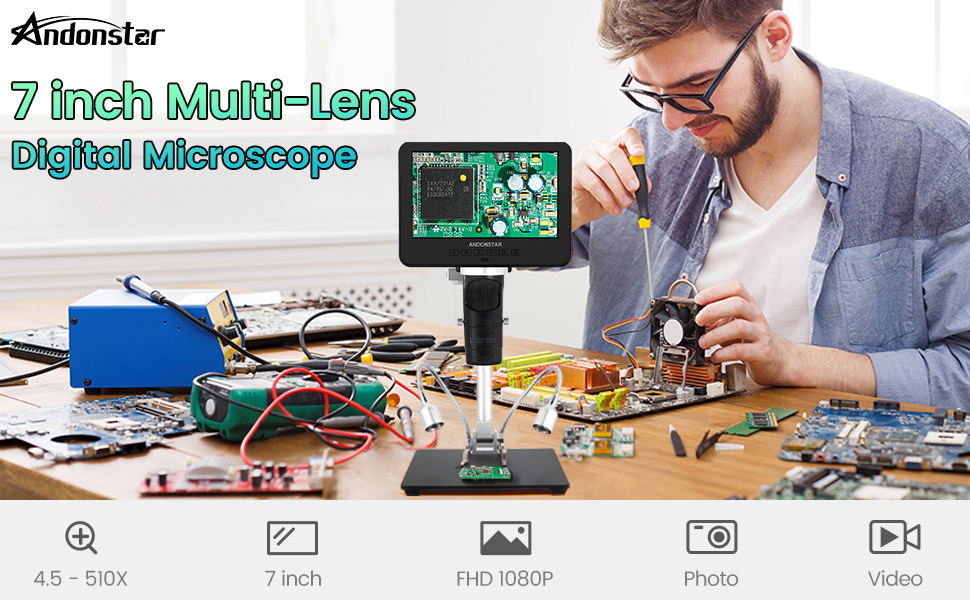 Цифровий мікроскоп Andonstar AD246S-M з 7-дюймовим екраном, 2000x, 3 об'єктиви, 2160P UHD відеозапис, 32GB карта пам'яті