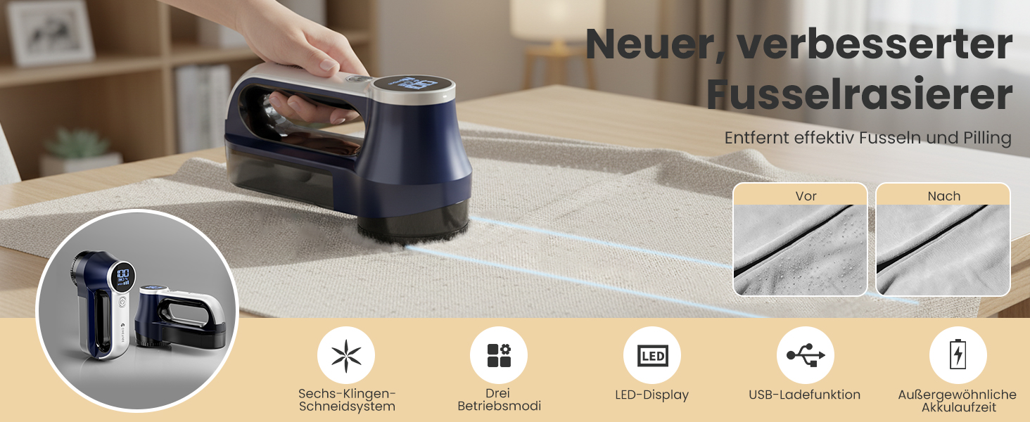 Електричний видалення ворсу CuieTuee з LED, USB-зарядкою, 3 швидкості, 2000mAh, для одягу (Navy Blue)