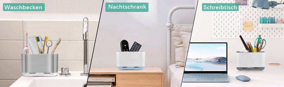 Тримач для електричної зубної щітки сірого кольору. Організатор для ванної кімнати з регульованими перегородками. Підходить для сім'ї та дітей.