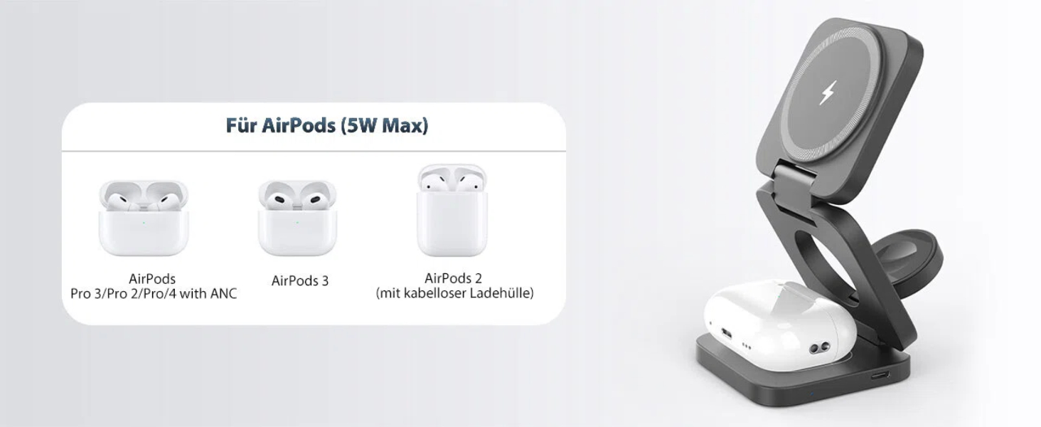 Зарядна станція KU XIU X55 15W MagSafe 3-в-1: для Apple Watch, iPhone 17-12, AirPods + USB-C 30W адаптер, сіра, складана, магнітна