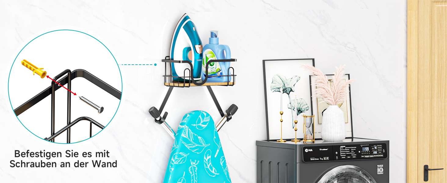 Настінна підставка для прасувальної дошки з кріпленням над дверима, чорна, з великим кошиком та знімними гачками