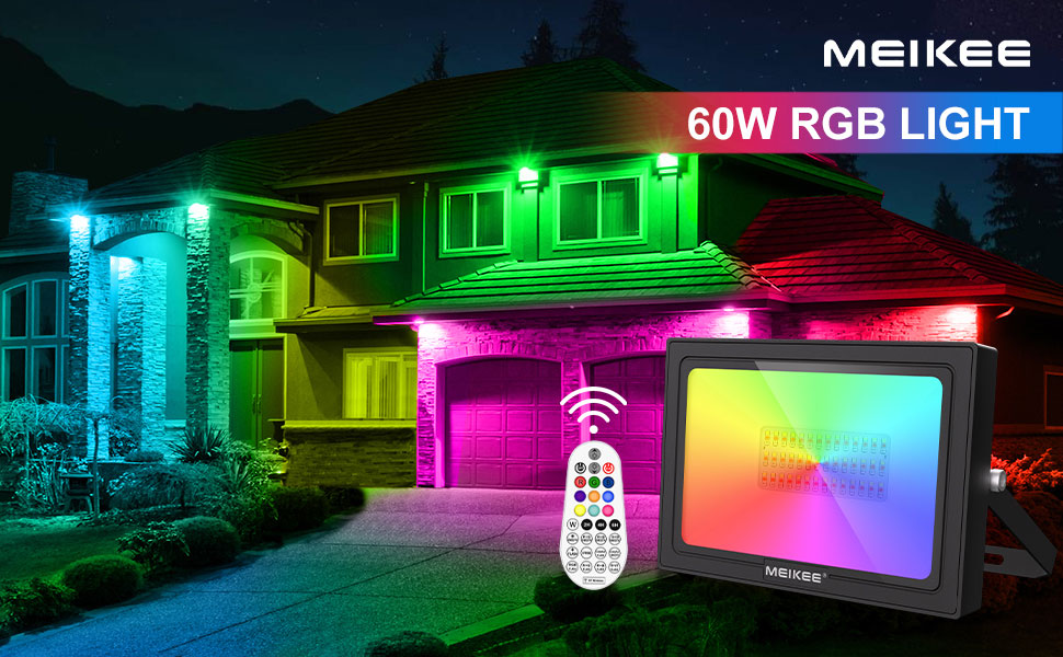 MEIKEE 60W RGB Floodlight with Remote Control, 30 Modes, 10 Colors, Timer, RGB Floodlight, IP66 Waterproof, 6 Brightness Levels, Spotlight, Colorful, Christmas, Halloween, Party, LED Floodlight, Decorative, 2 Pieces (1pc)