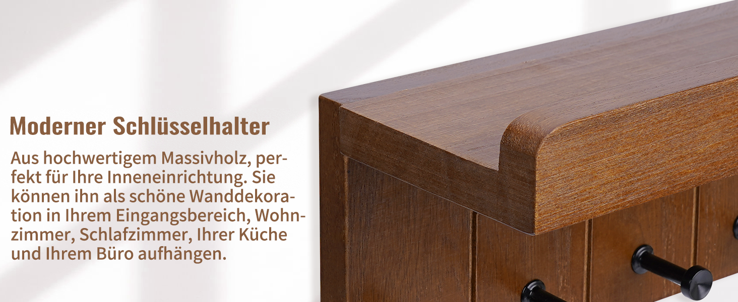 Дерев'яне ключниця з поличкою, ключниця на стіну з 5 гачками, декоративне настінне кріплення для ключів, підходить для прихожей, коридору, кухні, спальні (Темно-коричневий)