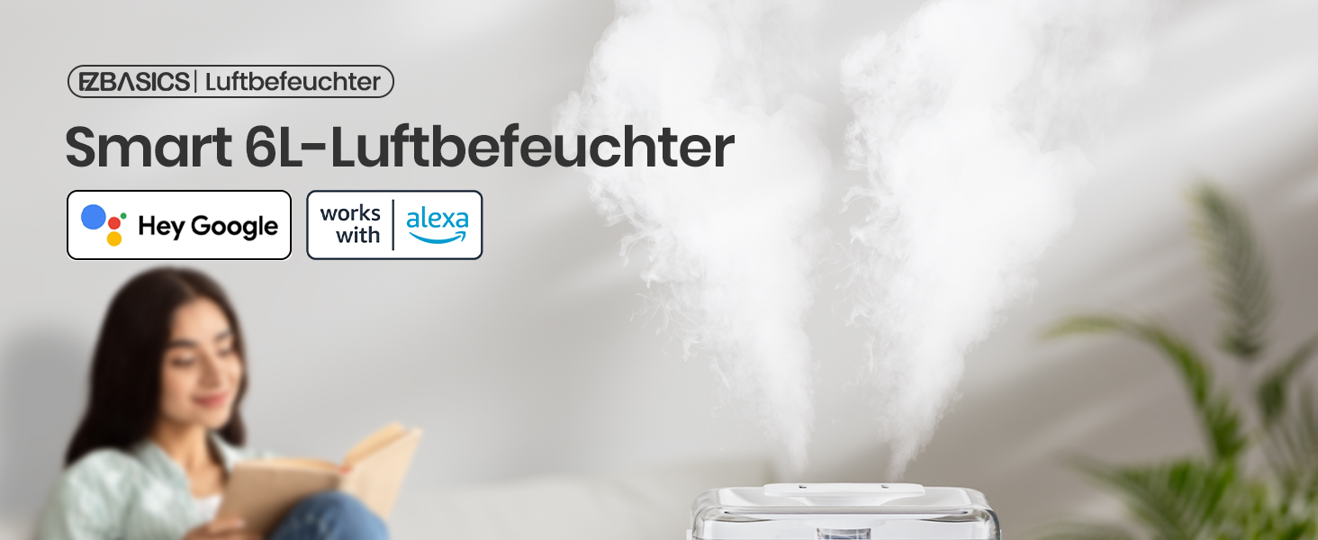 Зволожувач повітря EZBASICS Smart з верхнім заповненням 6L, 360° поворотна насадка, зволожувач та аромадифузор для дитячої кімнати, рослин, з програмою та голосовим керуванням, 1 упаковка + 7 нічників