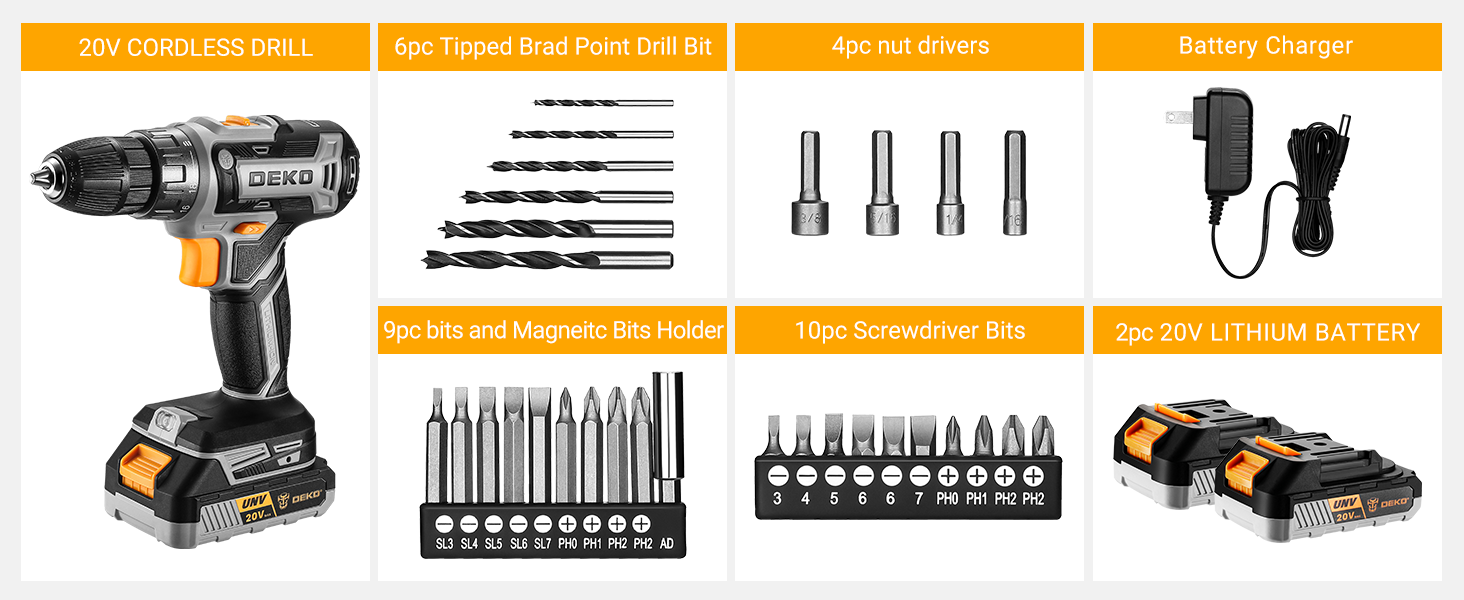 Акумуляторний шуруповерт DEKOPRO 20V 40 Nm: комплект з 2 акумуляторами, LED, 18+1 момент, для дому та DIY, сірий