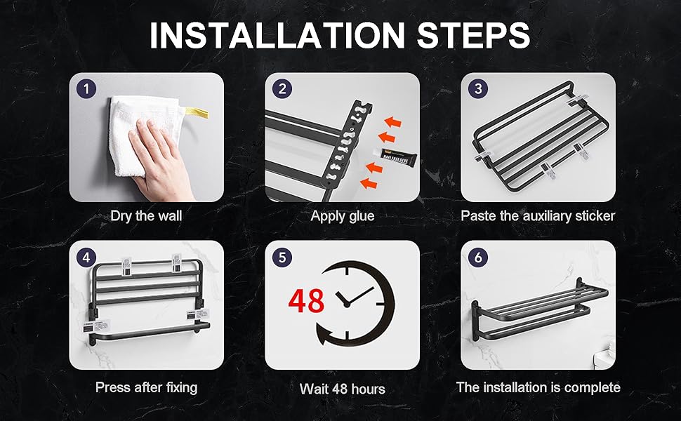 Тримач для рушників на стіну без свердління, з 2 рушниковими перекладинами, алюміній, матовий чорний, 58 см