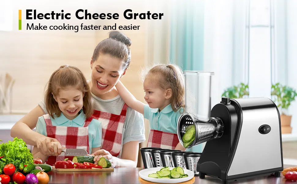 Електричний овочевий слайсер COOCHEER з нержавіючої сталі, 250W. Багатофункціональний подрібнювач з 5 лезами для овочів, сиру, картоплі, моркви, цибулі. Чорний.