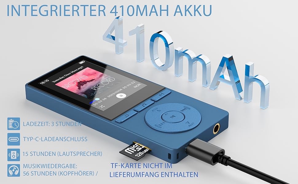 MP3 плеєр 64GB Bluetooth 5.3 з динаміком, HiFi звук, запис голосу, E-book, підтримка TF карти 128GB (Синій)
