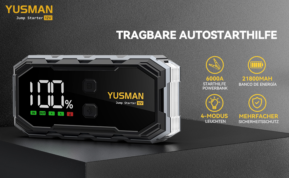 Powerbank для автомобіля Starthilfe: 6000A бустер для акумулятора, LED-ліхтарик, дисплей, кабель. Підходить для SUV, мотоциклів, газонокосарок Black