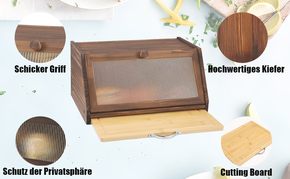 Дерев'яний хлібний ящик з кришкою та дощечкою для нарізання, Brotaufbewahrung