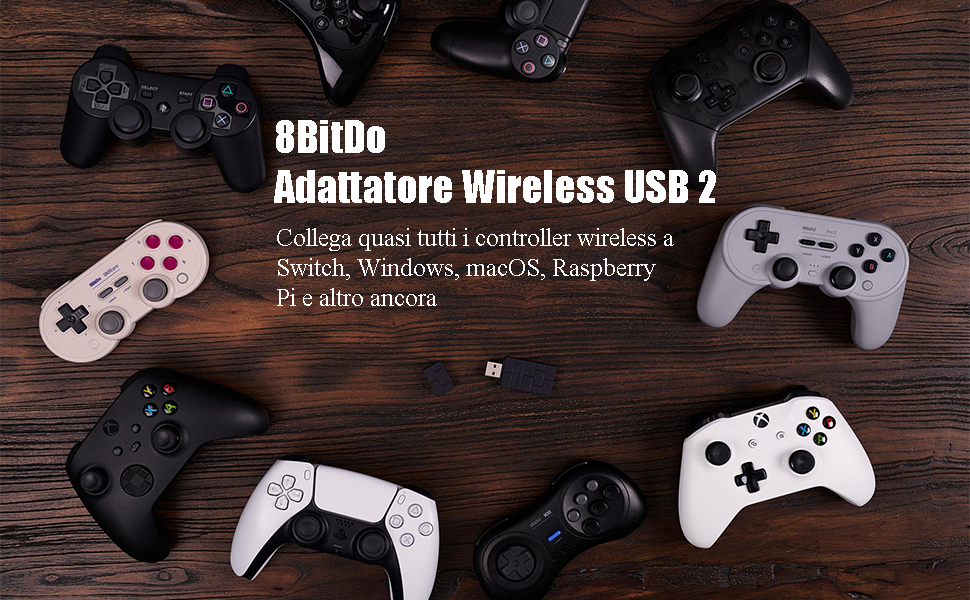 Бездротовий Bluetooth адаптер 8BitDo USB Wireless Adapter 2 для Windows 10, Switch, Android, Raspberry Pi, PS4/PS5, Xbox Series