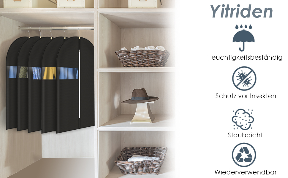 Чохли для одягу 5 шт. 60x140 см, дихаючий матеріал, з блискавкою, для костюмів, пальто, сорочок