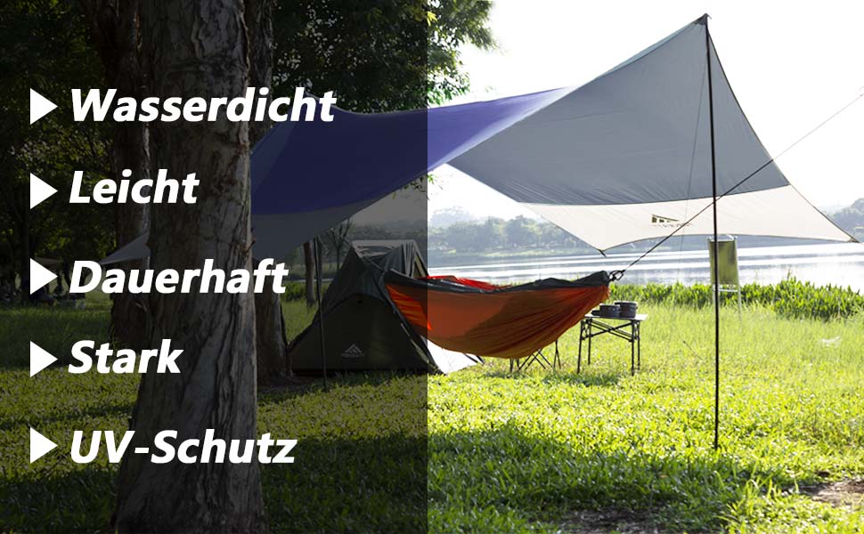 Тент Forceatt Zeltplane 3.7x4.3 м: ультралегкий, водонепроникний, з 6 точками кріплення, анти-UV. Підходить для кемпінгу, піших прогулянок та активного відпочинку на природі. Темно-синій & сірий колір.