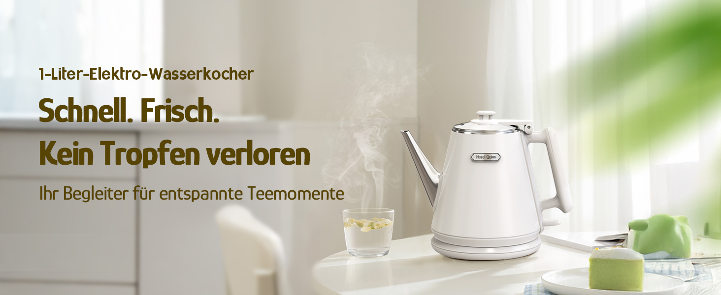 Електричний чайник Hazel Quinn, 1 л, ретро-дизайн, з подвійними стінками, нержавіюча сталь 304, 1360W, BPA-free, автоматичне вимкнення, білий перламутровий