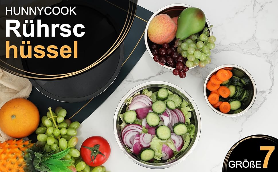 Набір мисок для перемішування Hunnycook Bunte 5 шт., нержавіюча сталь, з кришкою, силіконове дно, тертки, 4.5/4/2.4/1.7/0.8 л, мийка в посудомийній машині