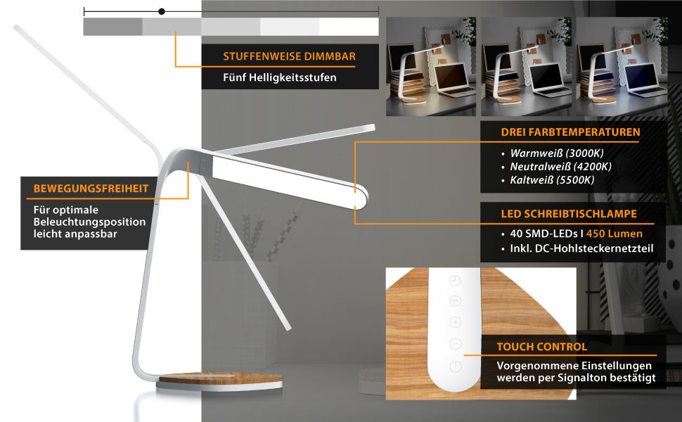 LED лампа настільна Brandson з деревом, регульована яскравість, 5 рівнів, 3 температури світла, для очей, 450 люмен, сенсорне управління, для офісу, читання, навчання, біла