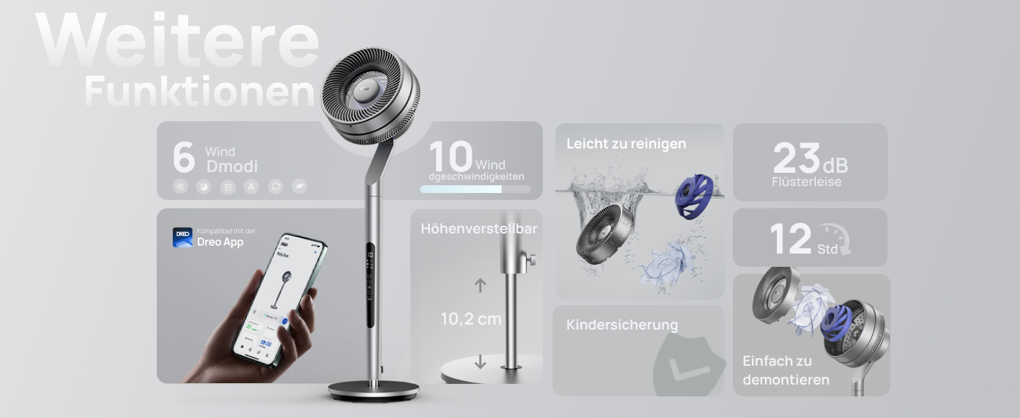Вентилятор Dreo з інтелектуальним керуванням, висота 101,6–111,8 см, тихий DC вентилятор для спальні, кут огляду 120°+85°, повітряний потік 30,5 м, срібний