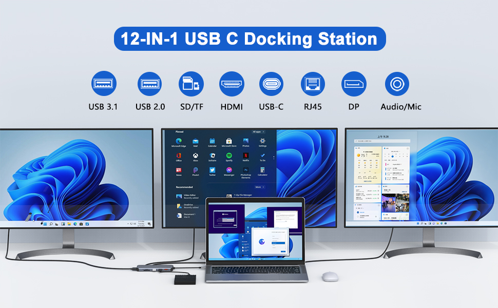 LIONWEI UC3703 Док-станція: Dual DP, Triple Display, USB-хаб 12-в-1 з 8K HDMI, 2 x USB 3.1, 100W PD, Ethernet, SD/TF-кардридер (сірий)