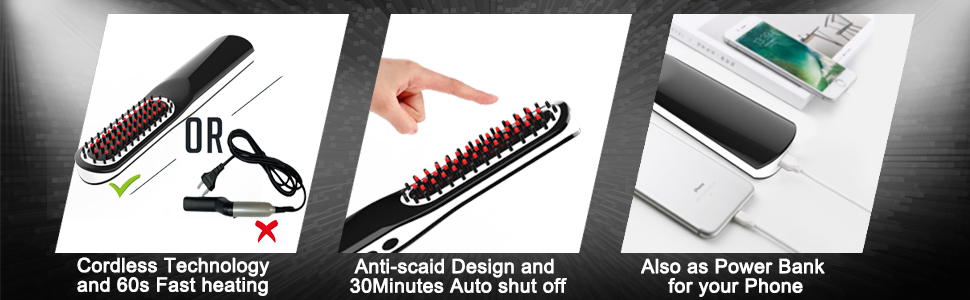 Men's Beard Straightening Brush - Cordless Travel Size with Auto Shut-Off & Anti-Scald Protection