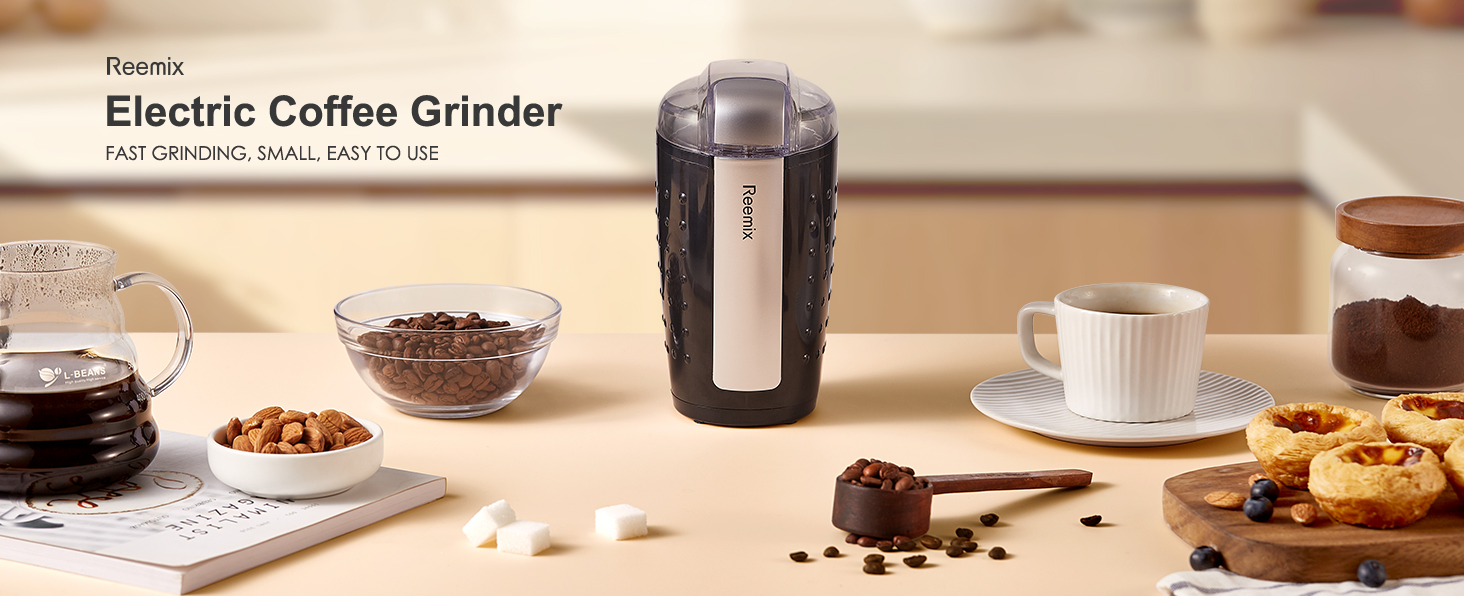 Електрична кавомолка Reemix, 100г, 2-в-1 (кава та спеції), з нержавіючої сталі, тиха, з щіткою та ложкою, чорна