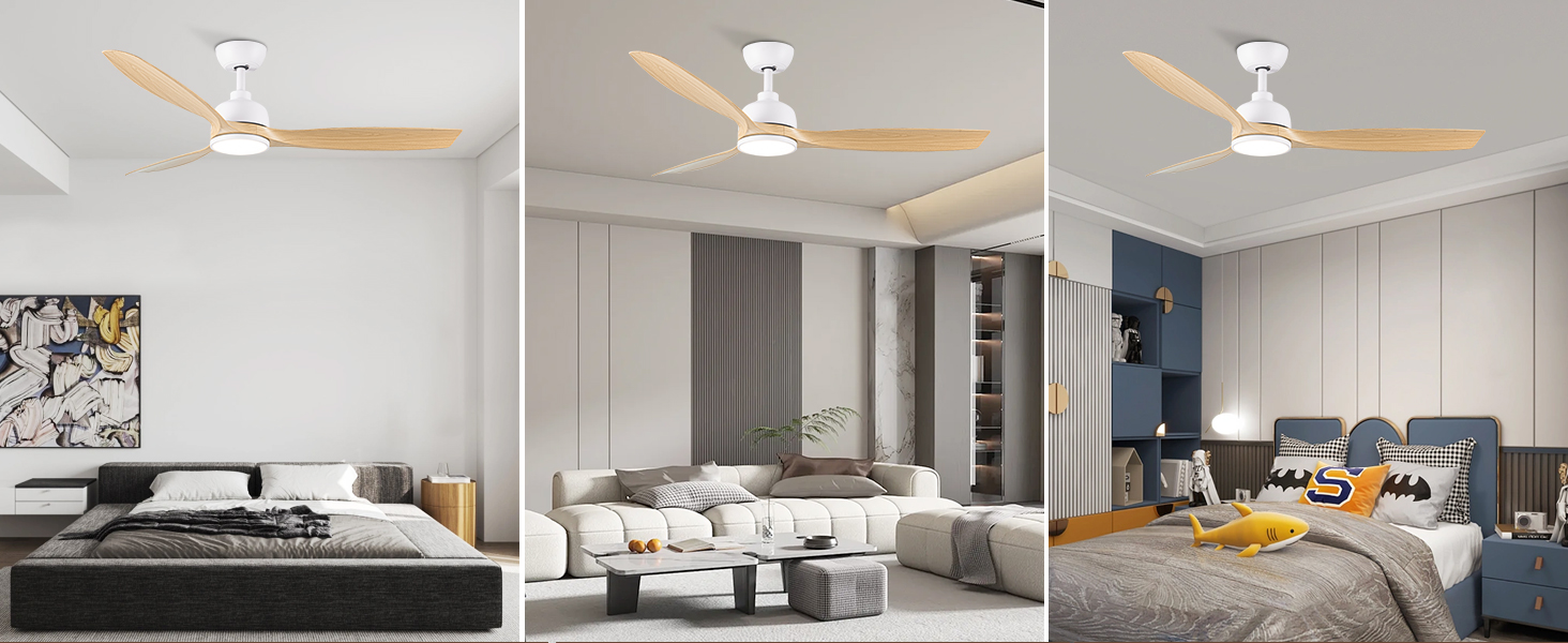 Стеляний вентилятор CJOY з підсвічуванням, 107 см, з пультом керування, DC, безшумний, з функцією зміни напрямку обертання, пам'ять 3CCT, регульована яскравість, 6 швидкостей, таймер для спальні (132 см, біле дерево)