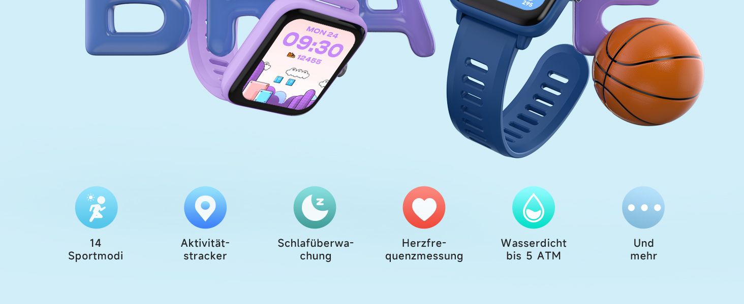 Смарт-годинник BIGGERFIVE для дітей, фітнес-трекер з пульсометром, крокомером, монітором сну, будильником та іграми, 1.5' HD-сенсорний екран, водонепроникність 5ATM, для дівчаток 3-14 років, колір: фіолетовий