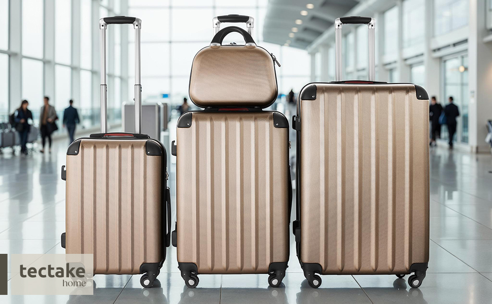 Набір валіз Tectake® 4 шт. з відстібними колесами 360°, жорсткий корпус з TSA замком, велика валіза з роздільником, ручна валіза, телескопічна ручка - колір шампань | 403411