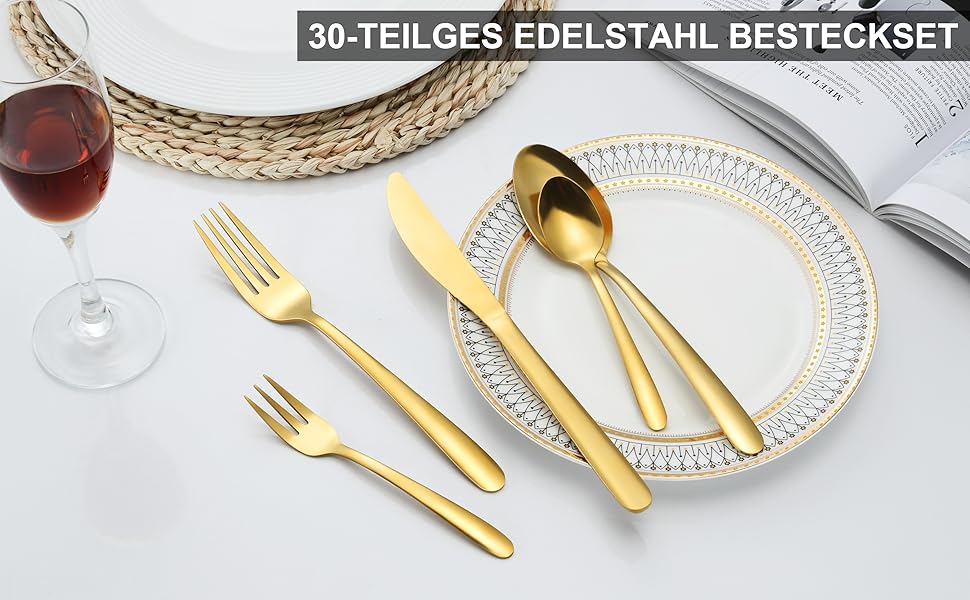Набір столових приборів Bestdin на 6 осіб, 30 предметів, золотисті, нержавіюча сталь, ножі, виделки, ложки, для дому, вечірки, ресторану, дзеркальна поліровка, можна мити в посудомийній машині