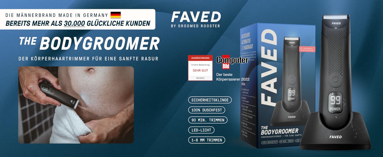 Триммер для тіла та інтимної зони Groomed Rooster – чоловічий, водонепроникний, з LED-підсвічуванням, 90 хв роботи, станція зарядки