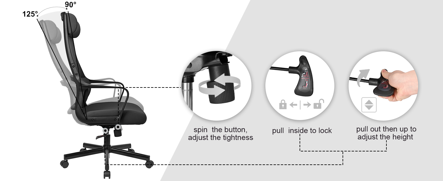 Ергономічне крісло для офісу з регульованою підголівником, крісло для робочого столу з широким сидінням, підтримкою попереку, офісне крісло 200 кг, сітчасте крісло, крісло для дому та офісу, комп'ютерне крісло EN 1335 (Чорний)