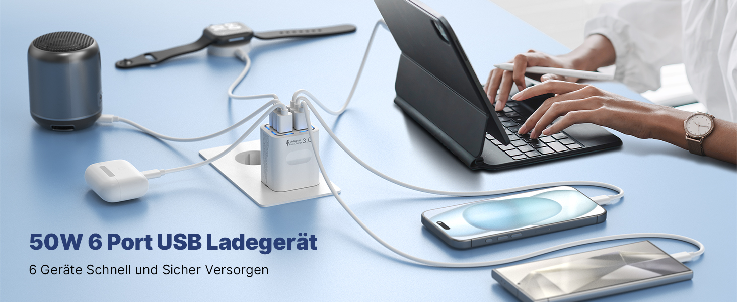 Зарядний пристрій USB 6-портовий, 33W, адаптер з QC 3.0, багатопортовий зарядний пристрій, мережевий адаптер для iPhone 16 15 14 13 12 11 Pro Max, iPad, мобільний телефон, білий