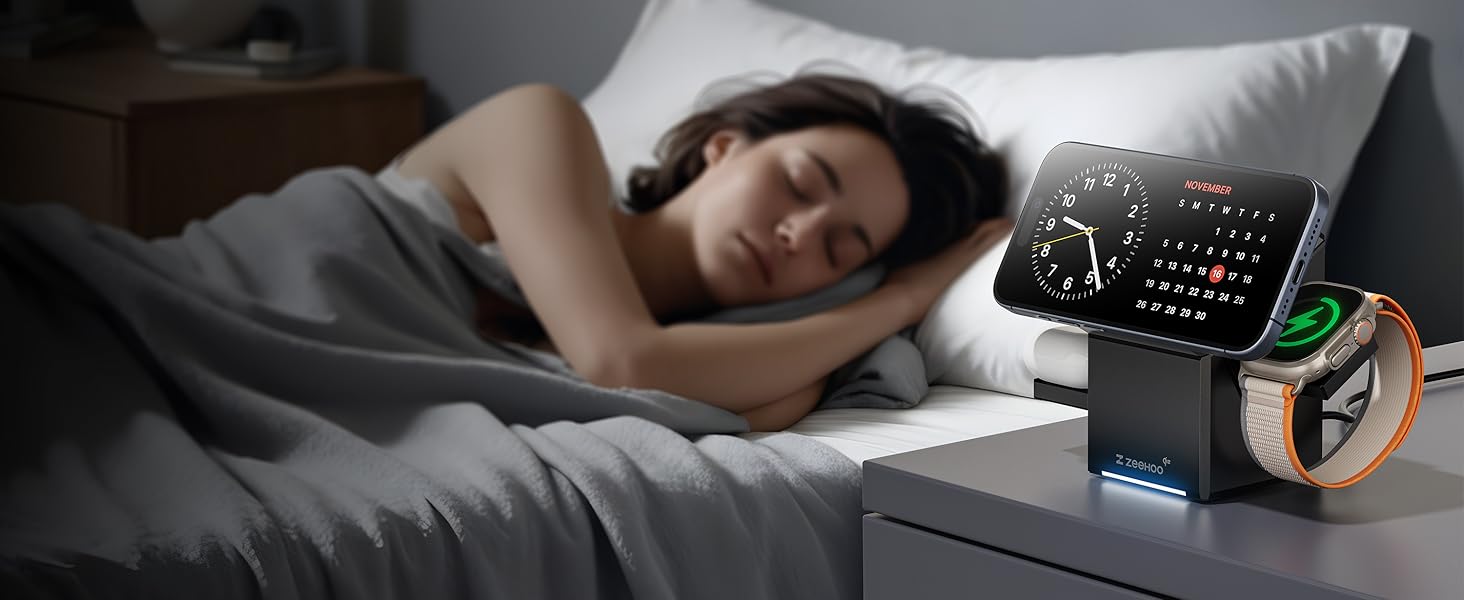 ZEEHOO Зарядна станція 3 в 1 для Apple MagSafe, iPhone 16/15/14/13/12, Apple Watch та AirPods (30W USB-C), Чорний