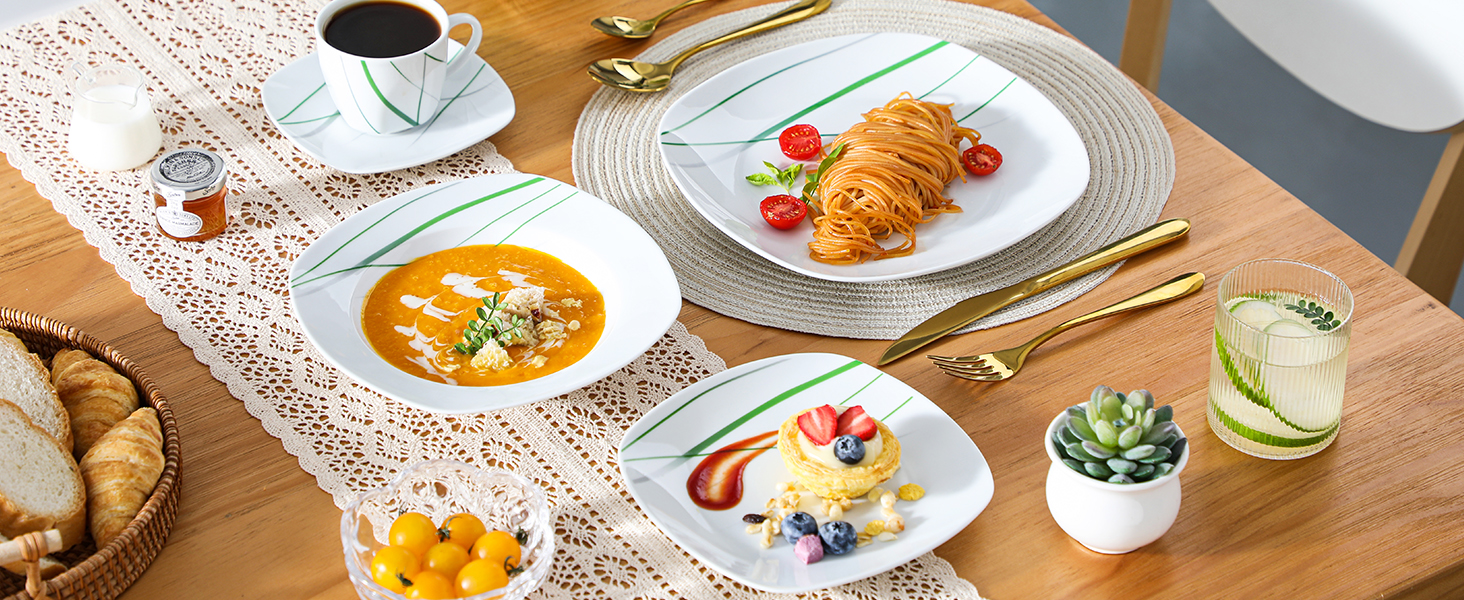 VEWEET Сервіз столовий 'Aviva' з порцеляни, 60 предметів | Комплектний сервіз для 4-12 осіб: тарілки, супові тарілки, десертні тарілки, чашки та блюдця | Комплектний сервіз на 60 предметів