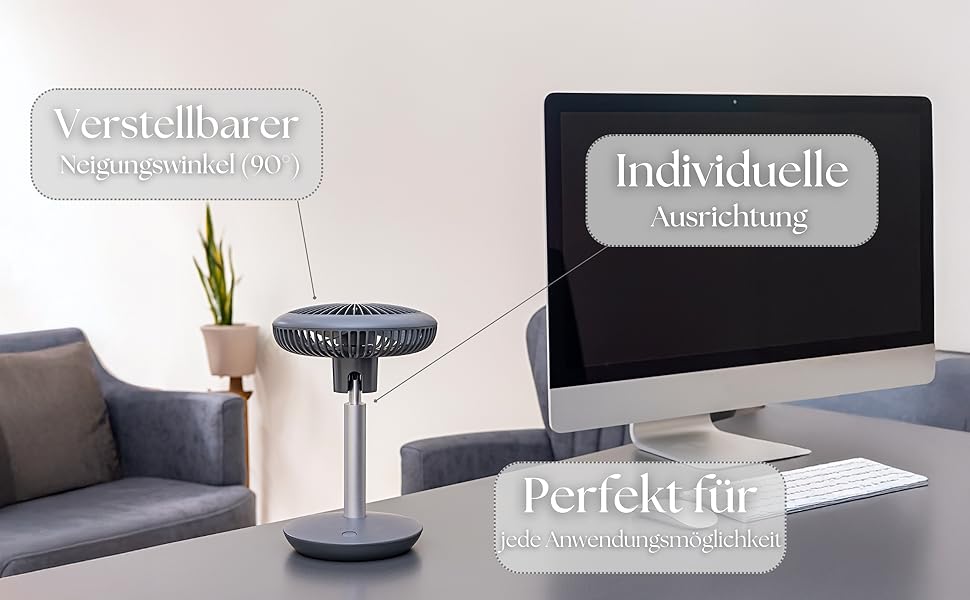 Безшумний настільний вентилятор Zilan | Акумулятор 4000 mAh | Регульований кут 90° | 4 швидкості | 15 годин роботи без дроту | Allegra Anthrazit