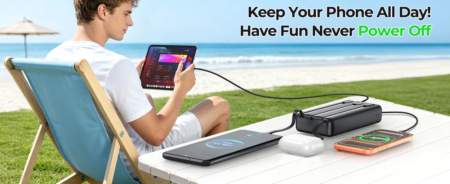 Power Bank Enerwow 27000mAh з USB-C кабелем, 4 порти, LED-дисплей, для iPhone та інших пристроїв (P300C, Синій)