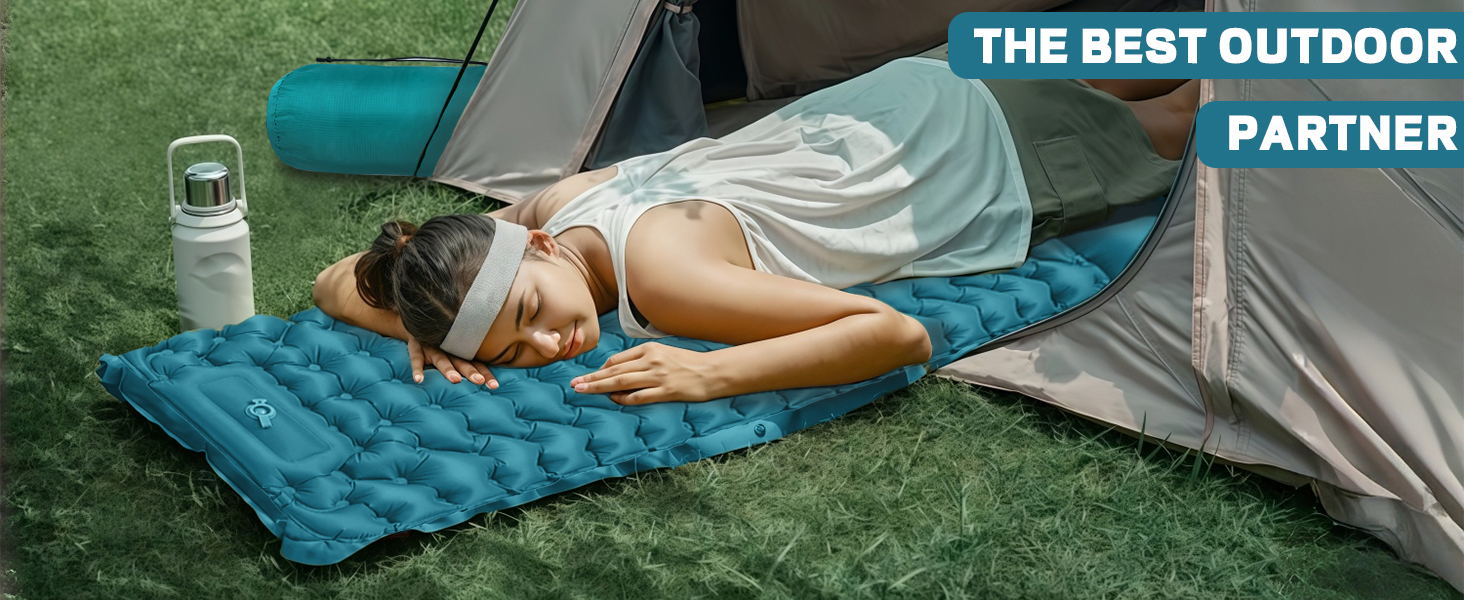 Кемпінговий килимок Flintronic самонадувний з насосом-пресом, 10 см товщини, водонепроникний, з подушкою, для відпочинку на природі, намету, армійного кольору