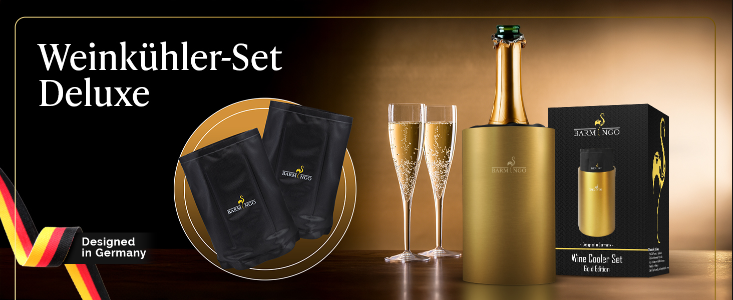 Охолоджувач для вина BARMINGO з нержавіючої сталі з 2 охолоджувальними акумуляторами – охолоджувач для напоїв та пляшок для вина, шампанського та секту | Подвійний сектокюлер з охолоджувальними манжетами | Охолоджувач для винних пляшок | Золотий