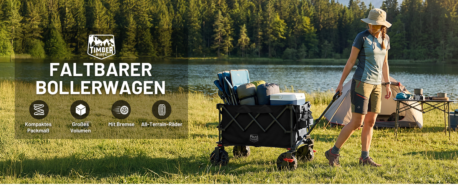 Універсальний складаний візок-тележка Timber Ridge XXL 250л для кемпінгу, саду та пляжу з гальмами, міцний (150 кг), чорний