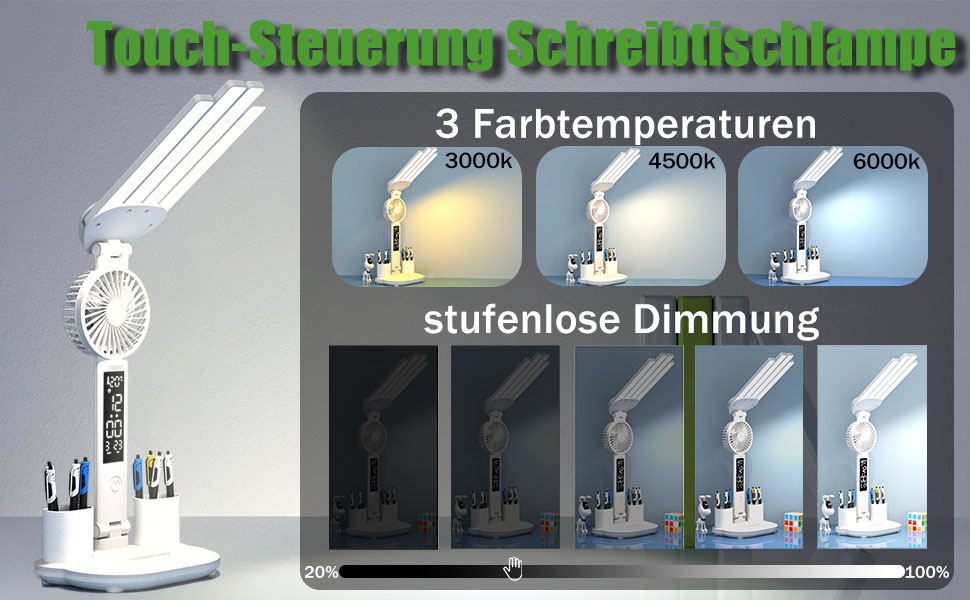 LED-лампа настільна з вентилятором для дітей WLHONG з годинником, тримачем для ручок, календарем та датчиком температури, 3 режими кольору, регульована яскравість, ідеальна для читання
